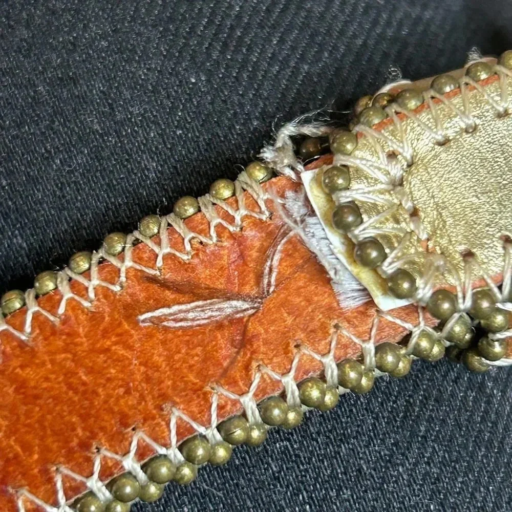 Vintage Gold Leather Beaded Edge Skinny Belt Size Medium